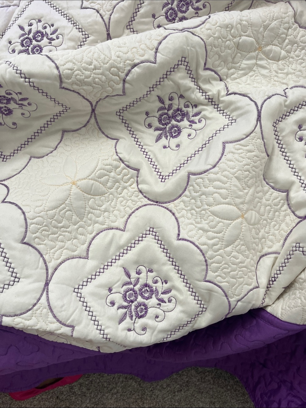 Southern Living At Home White and Purple Quilted Floral Coverlet